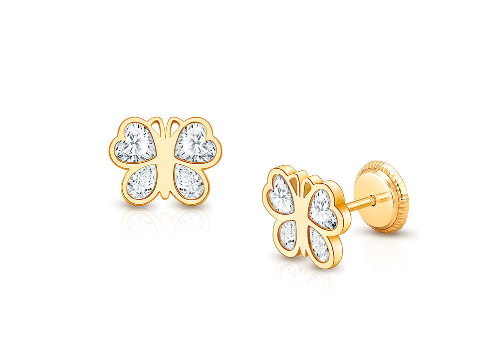 Lovely Butterfly, Clear CZ Teen’s Earrings, Screw Back – 14K Gold