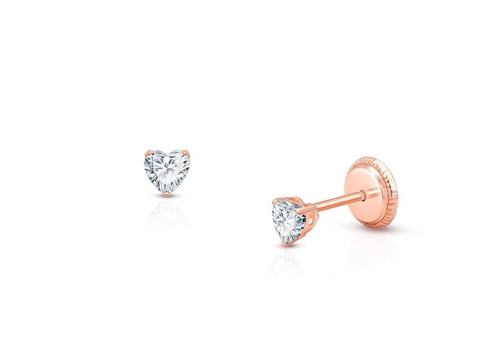 Teeny Tiny Heart Studs, 3mm Clear CZ Christening/Baptism Baby/Children’s Earrings, Screw Back – 14K Rose Gold