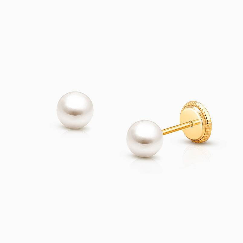 4mm Pearl Studs, Teen’s Earrings, Screw Back – 14K Gold
