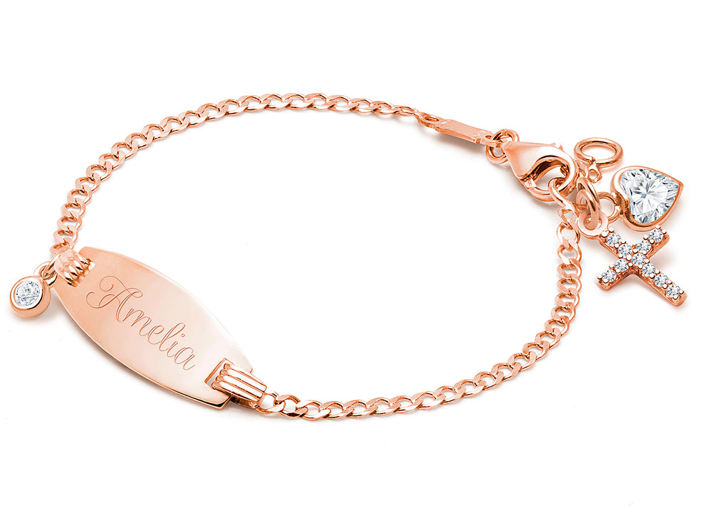 Classic Christening/Baptism Baby/Children’s Engraved ID Bracelet for Girls – 14K Rose Gold