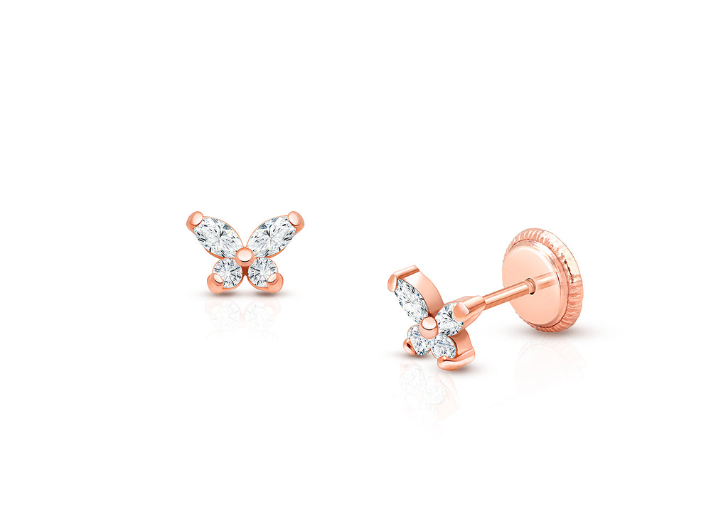 Baby Butterfly, Clear CZ First Holy Communion Children’s Earrings, Screw Back – 14K Rose Gold