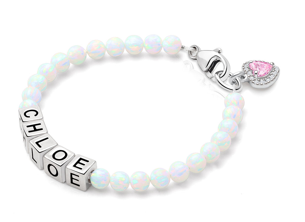 4mm Opals, Lab Created White Opal Baby/Children’s Name Bracelet for Girls – Sterling Silver