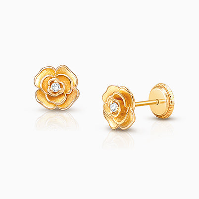 Heart Studs, 4mm Clear CZ Christening/Baptism Baby/Children’s Earrings, Screw Back – 14K Gold