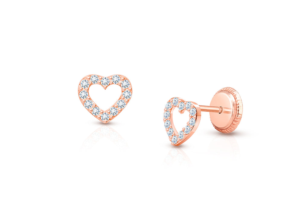Love of Mine, Clear Pavé CZ Heart, Baby/Children’s Earrings, Screw Back – 14K Rose Gold