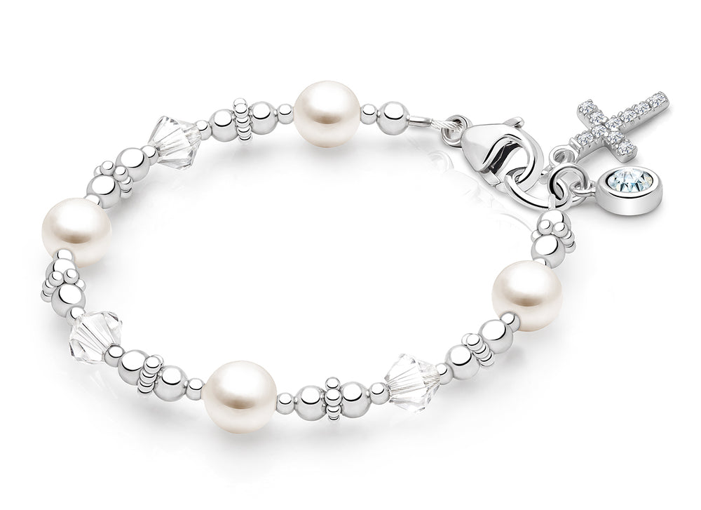 Diamond Cross, First Holy Communion Beaded Bracelet for Girls – Sterling Silver