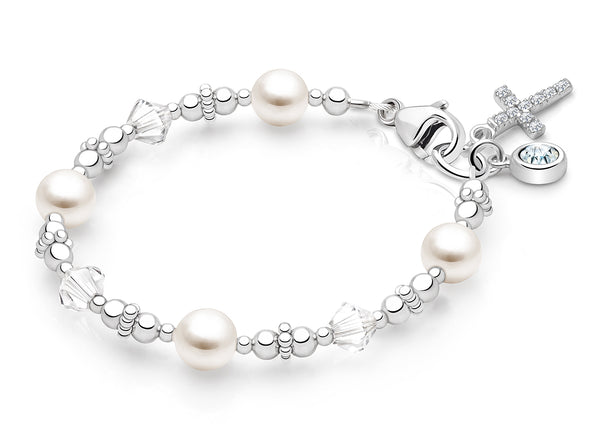 Diamond Cross, First Holy Communion Beaded Bracelet for Girls – Sterling Silver