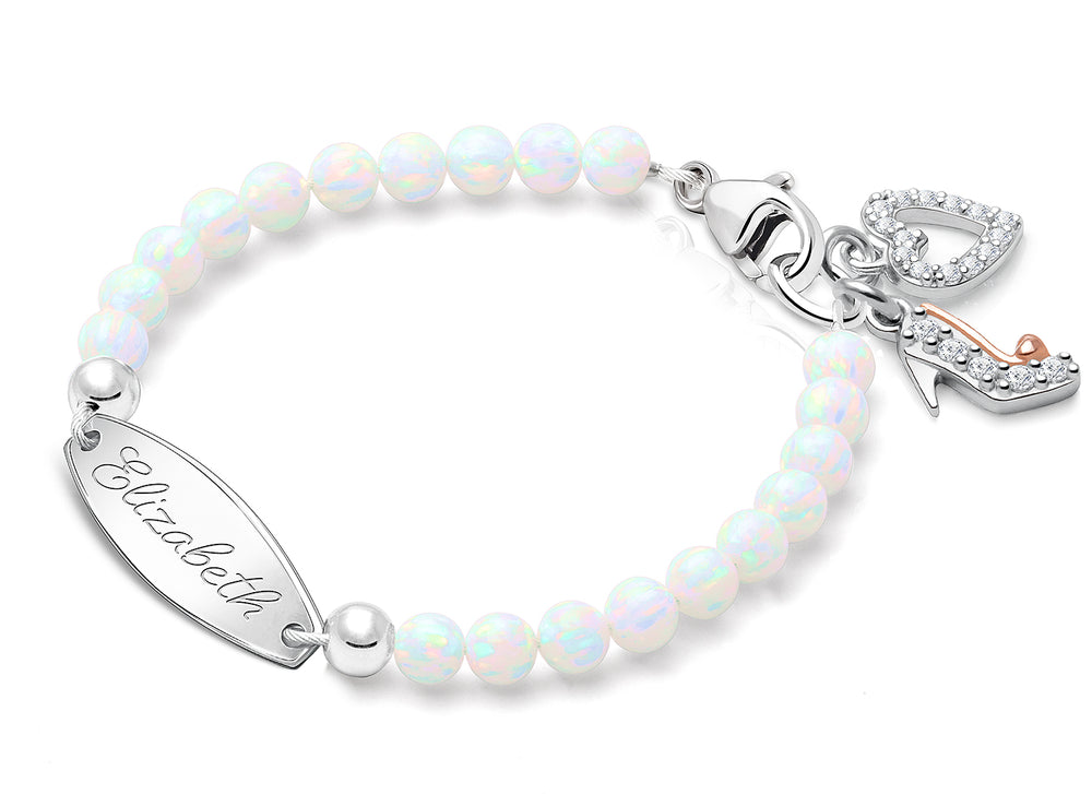 4mm Opals, Lab Created White Opal Baby/Children’s Engraved Bracelet for Girls – Sterling Silver