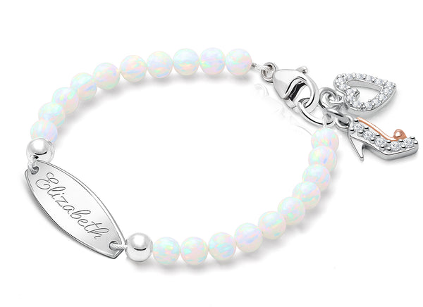 4mm Opals, Lab Created White Opal Baby/Children’s Engraved Bracelet for Girls – Sterling Silver