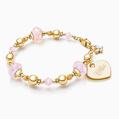 Gia™ Sweet Rose, Pink Opal Baby/Children’s Beaded Bracelet for Girls (INCLUDES Engraved Charm) – 14K Gold