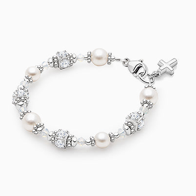 Crowned in Heaven, Christening/Baptism Baby/Children’s Beaded Bracelet for Girls – Sterling Silver