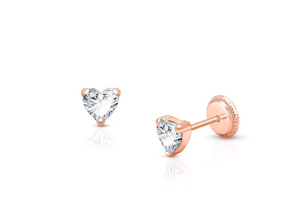 Heart Studs, 4mm Clear CZ Christening/Baptism Baby/Children’s Earrings, Screw Back – 14K Rose Gold