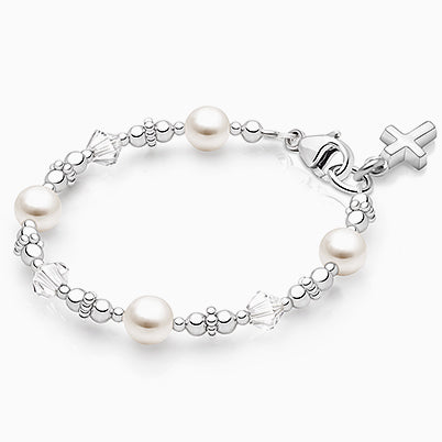 Diamond Cross, Christening/Baptism Baby/Children’s Beaded Bracelet for Girls – Sterling Silver