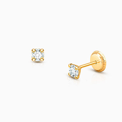 3mm CZ Round Studs, Baby/Children’s Earrings, Screw Back – 14K White Gold