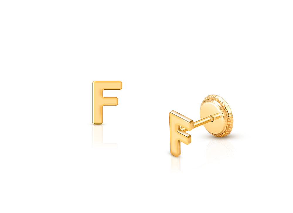 ‘F’ Initial Studs Personalized Baby/Children’s Earrings, Screw Back – 14K Gold