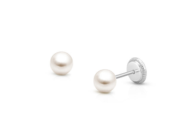 4mm Pearl Studs, Christening/Baptism Baby/Children’s Earrings, Screw Back – 14K White Gold