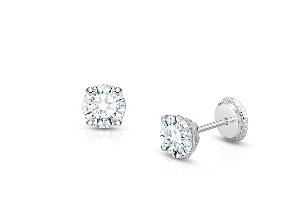 5mm CZ Round Studs, Mother’s Earrings, Screw Back – 14K White Gold