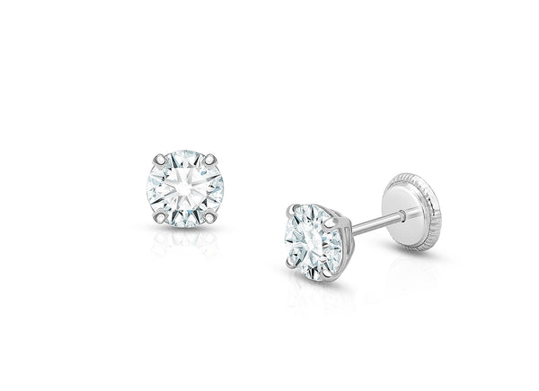 5mm CZ Round Studs, Mother’s Earrings, Screw Back – 14K White Gold