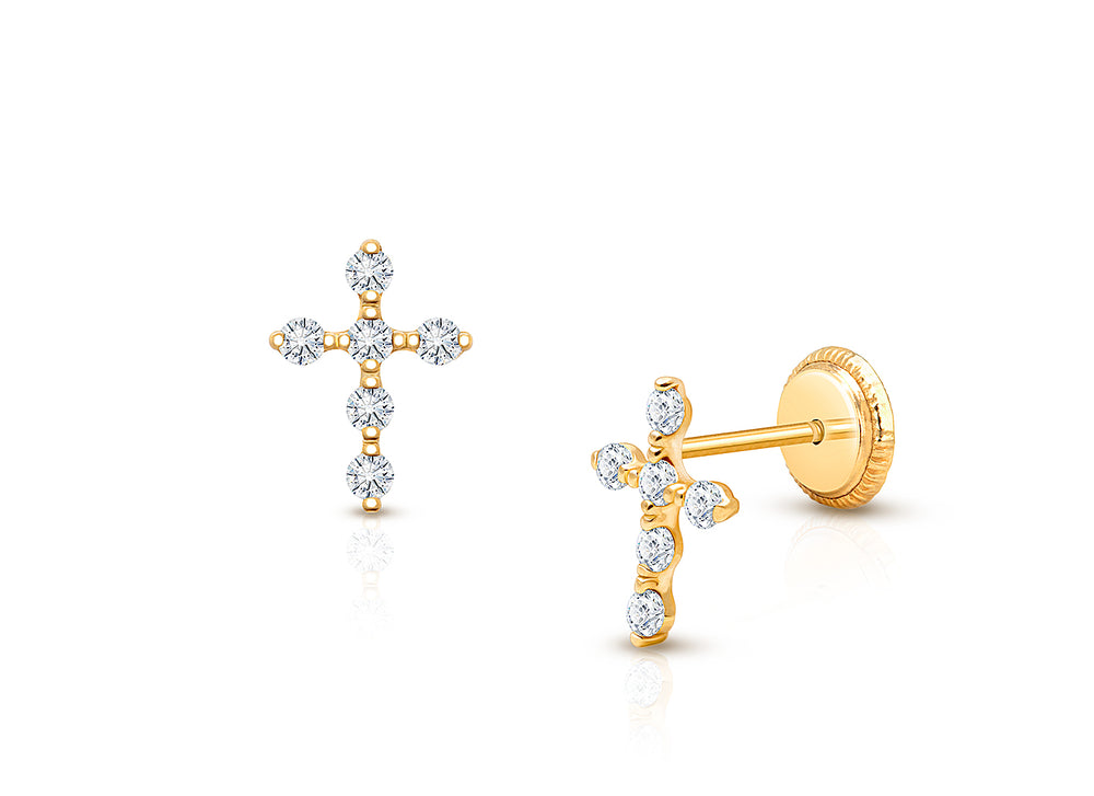 Light of Heaven, Baby/Children’s Cross Earrings, Screw Back, Clear CZ – 14K Gold