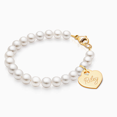 5mm Cultured Pearls, Baby/Children’s Beaded Bracelet for Girls (INCLUDES Engraved Charm) – Sterling Silver