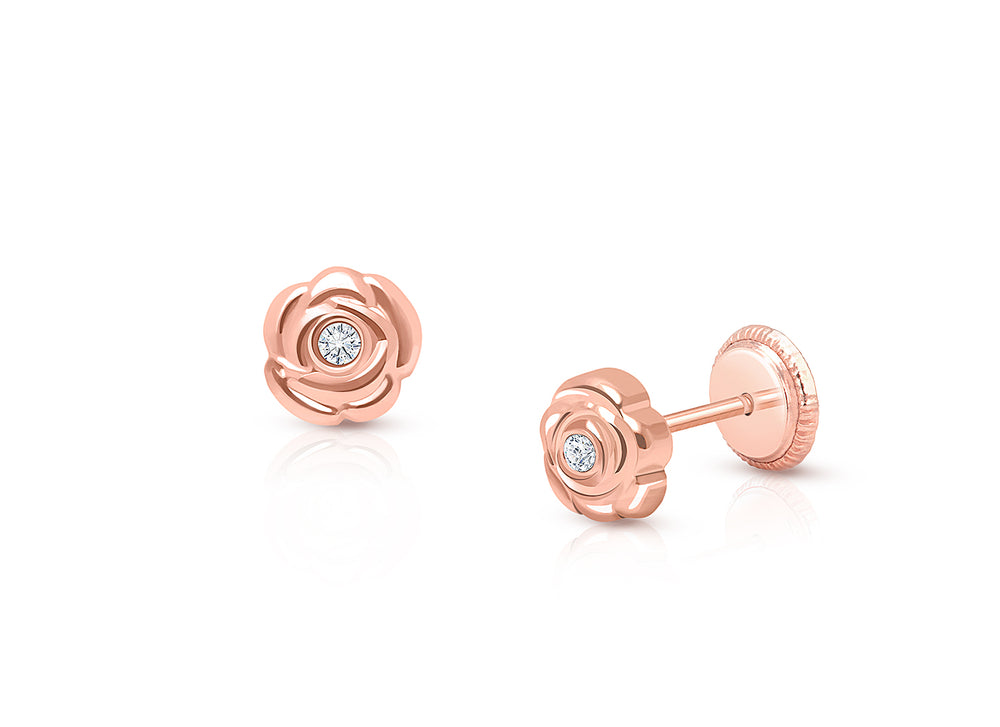 Blushing Rose, Clear CZ Studs Baby/Children’s Earrings, Screw Back – 14K Rose Gold