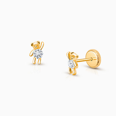 Teddy Bear Bliss, Clear CZ Baby/Children’s Earrings, Screw Back – 14K Gold