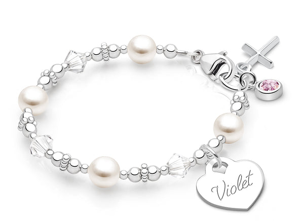 Diamond Cross, First Holy Communion Beaded Bracelet for Girls (INCLUDES Engraved Charm) – Sterling Silver