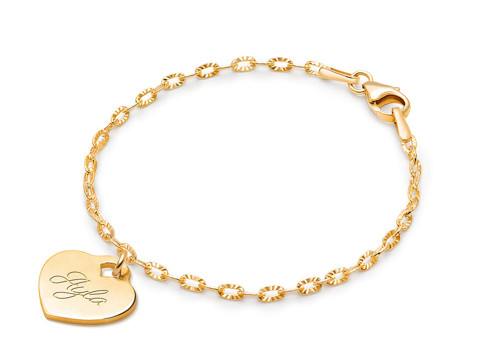 14K Gold Charm Bracelet, Design Your Own Baby/Children’s Link Chain Bracelet for Girls (INCLUDES Engraved Heart) – 14K Gold