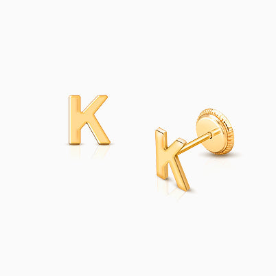 ‘K’ Initial Studs Personalized Baby/Children’s Earrings, Screw Back – 14K Gold