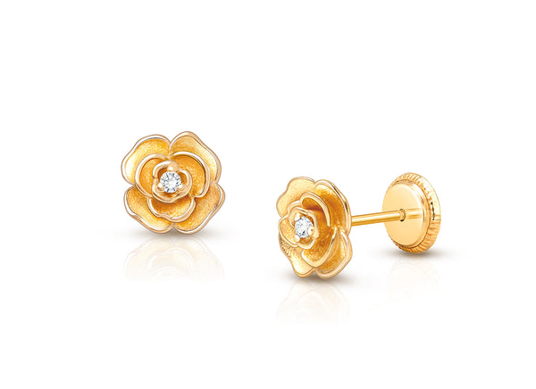 Rose Radiance, Clear CZ Stud, Christening/Baptism Baby/Children’s Earrings, Screw Back – 14K Gold