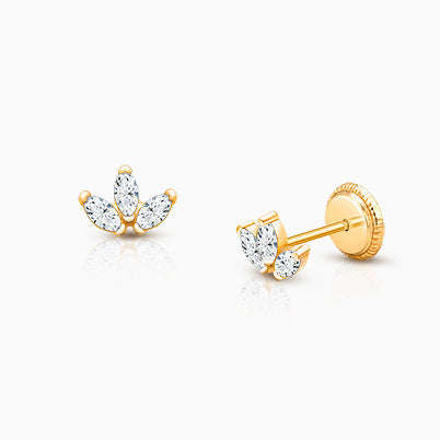Flower Girl, Pink/Clear CZ Teen’s Earrings, Screw Back – 14K Gold