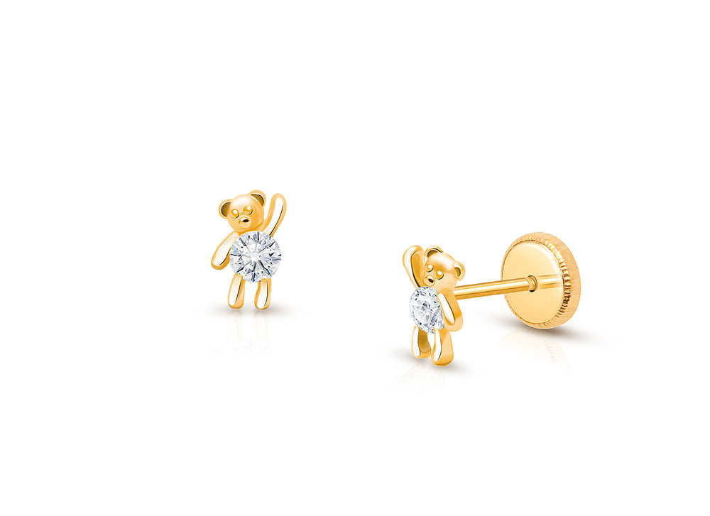 Teddy Bear Bliss, Clear CZ Baby/Children’s Earrings, Screw Back – 14K Gold