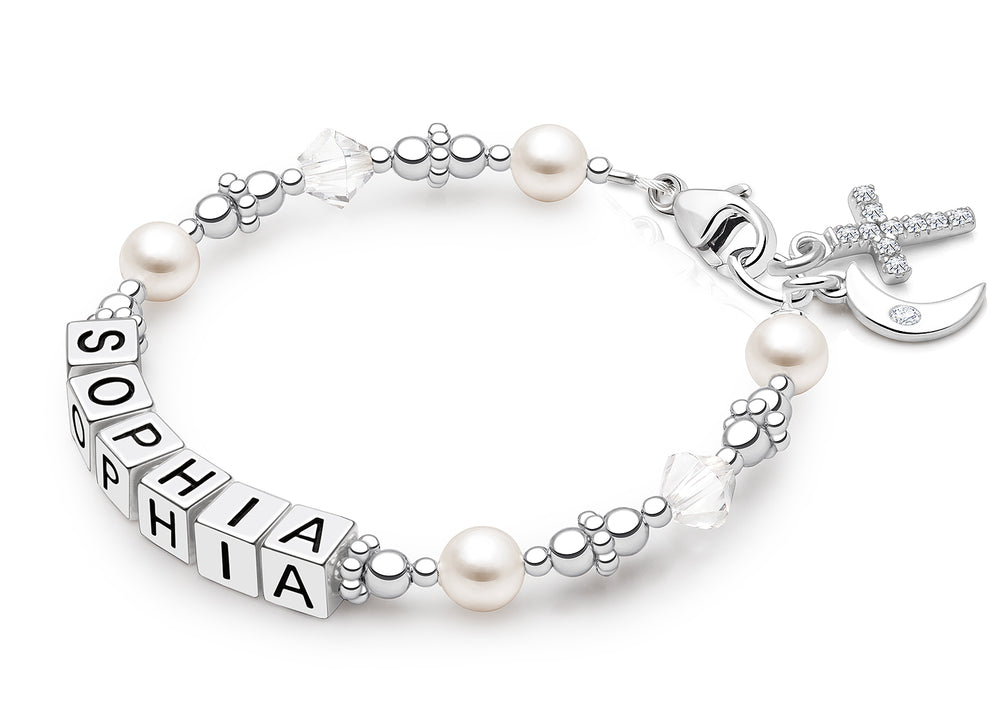 Diamond Cross, Christening/Baptism Baby/Children’s Name Bracelet for Girls – Sterling Silver