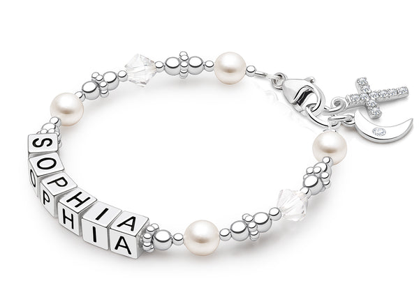 Diamond Cross, Christening/Baptism Baby/Children’s Name Bracelet for Girls – Sterling Silver