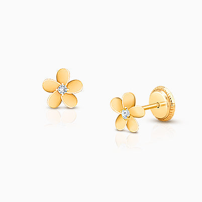 Forget Me Not, Clear CZ Flower Baby/Children’s Earrings, Screw Back – 14K Gold