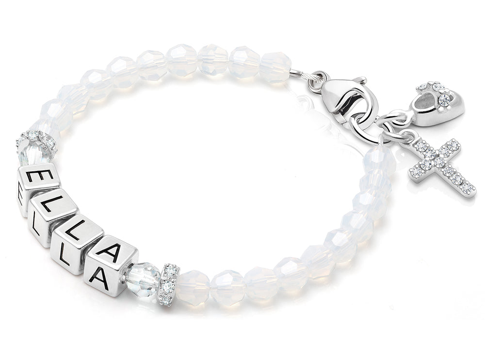 tB® Signature Crystal™ White Opal Christening/Baptism Baby/Children’s Name Bracelet for Girls – Sterling Silver