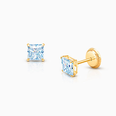 Princess Cut Studs, 4mm Aquamarine CZ Studs, Baby/Children’s Earrings, Screw Back – 14K Gold