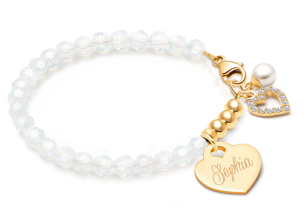 tB® Signature Crystal™ White Opal, Baby/Children’s Beaded Bracelet for Girls (INCLUDES Engraved Charm) – 14K Gold