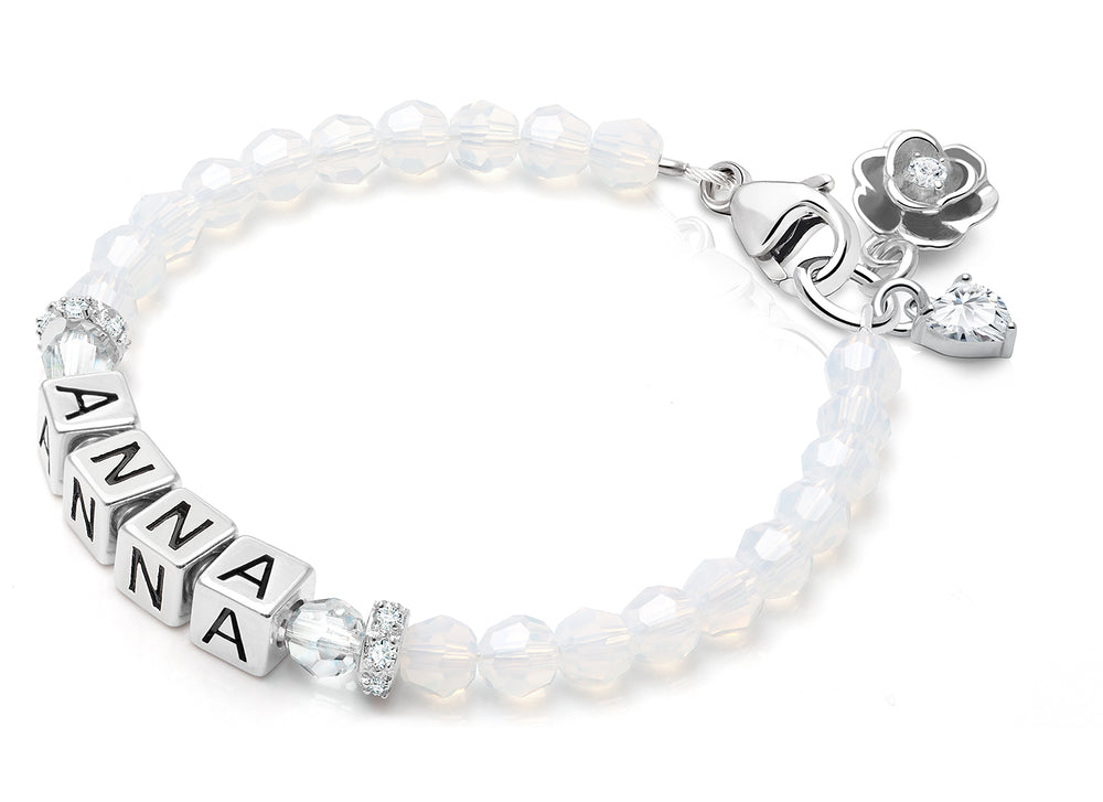 tB® Signature Crystal™ White Opal Teen’s Name Bracelet for Girls – Sterling Silver