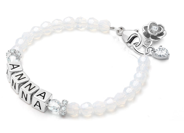 tB® Signature Crystal™ White Opal Teen’s Name Bracelet for Girls – Sterling Silver