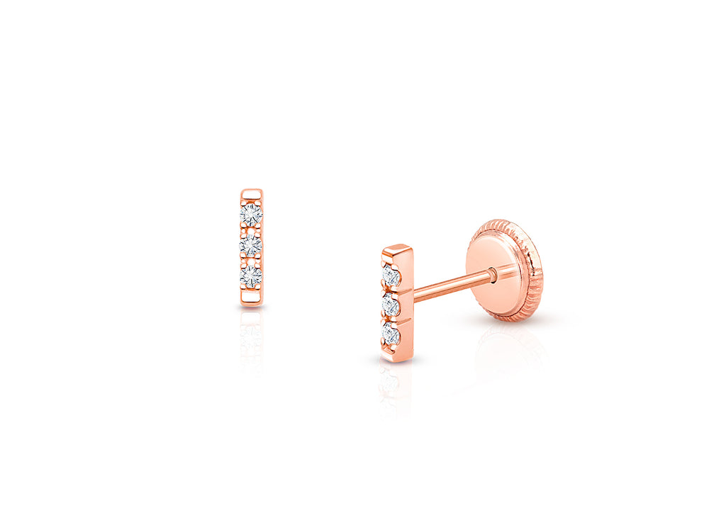 Pavé Bar, Clear CZ Teen’s Earrings, Screw Back – 14K Rose Gold