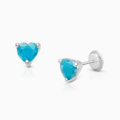 Simple Heart Studs, 5mm Turquoise CZ Baby/Children’s Earrings, Screw Back – 14K White Gold