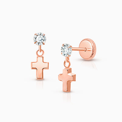 Simple Cross Dangle, Clear CZ Baby/Children’s Earrings, Screw Back – 14K Gold