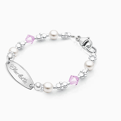 Pavé Heart, Baby/Children’s Engraved ID Bracelet for Girls – 14K White Gold