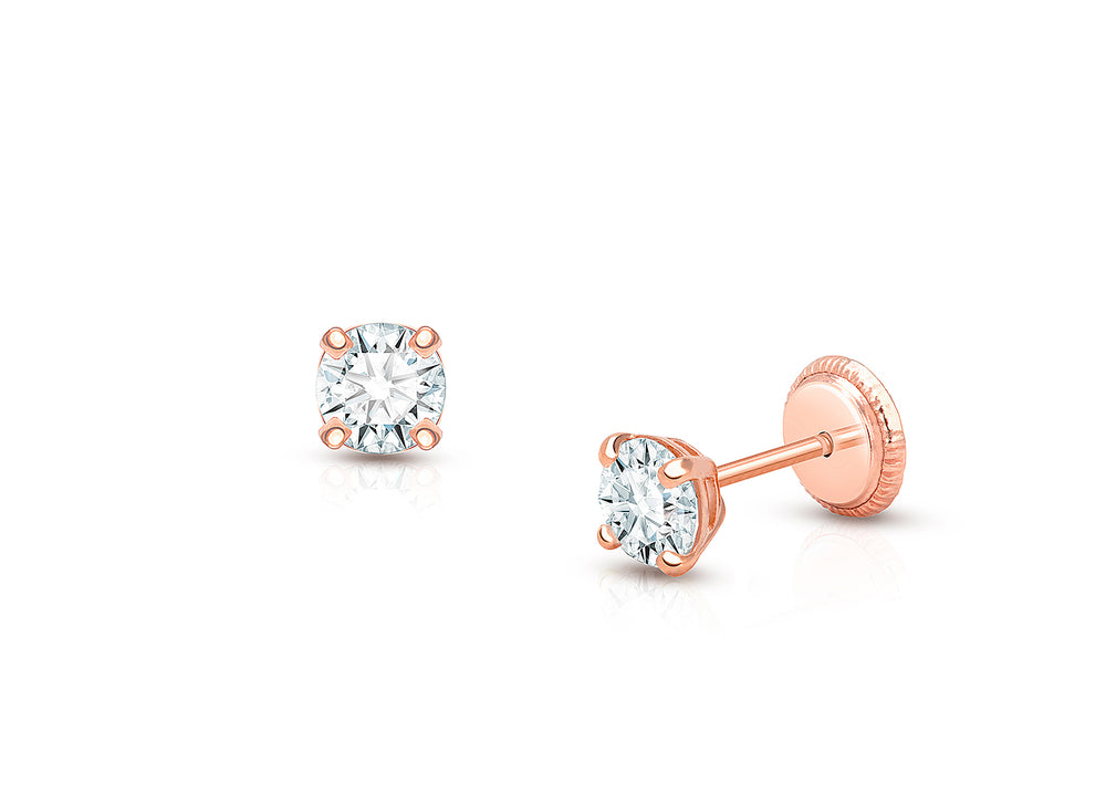 4mm CZ Round Studs, Teen’s Earrings, Screw Back – 14K Rose Gold