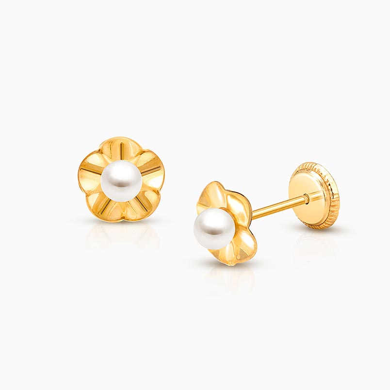 Ruffled Petals with Pearl, Christening/Baptism Baby/Children’s Earrings, Screw Back – 14K Gold