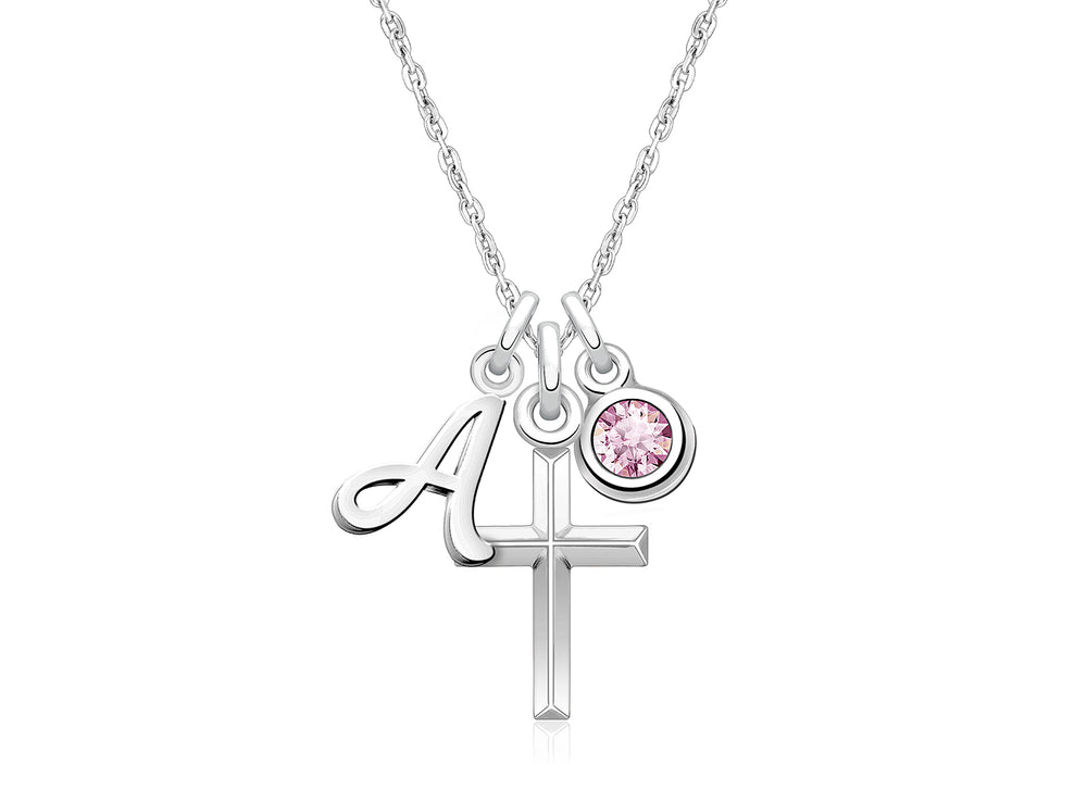 Holy Cross, Children’s Personalized Necklace Set for Girls (Includes Cross, Initial, and Birthstone Charms) – Sterling Silver