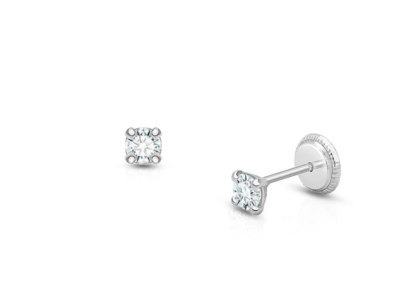 3mm CZ Round Studs, Baby/Children’s Earrings, Screw Back – 14K White Gold