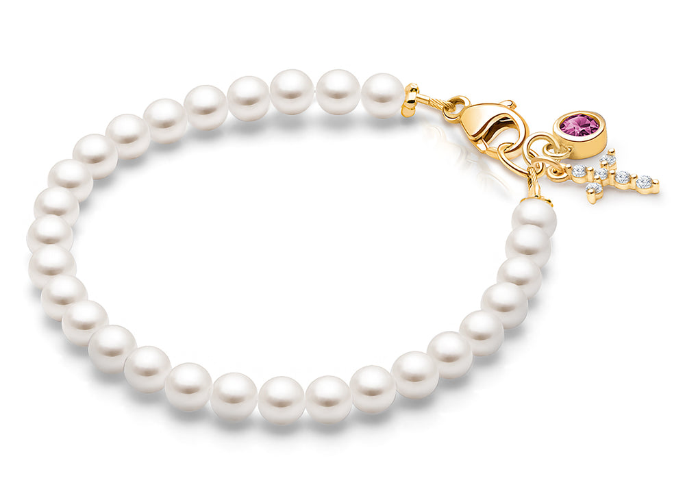 4mm Cultured Pearls, Christening/Baptism Baby/Children’s Beaded Bracelet for Girls – 14K Gold