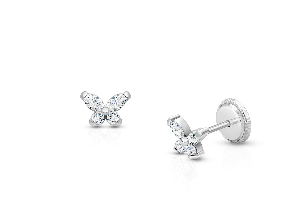 Baby Butterfly, Clear CZ Baby/Children’s Earrings, Screw Back – 14K White Gold