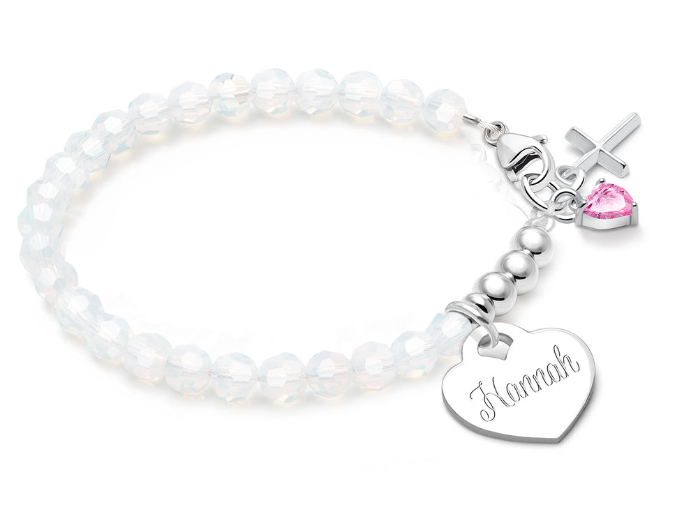 tB® Signature Crystal™ White Opal, Christening/Baptism Baby/Children’s Beaded Bracelet for Girls (INCLUDES Engraved Charm) – Sterling Silver